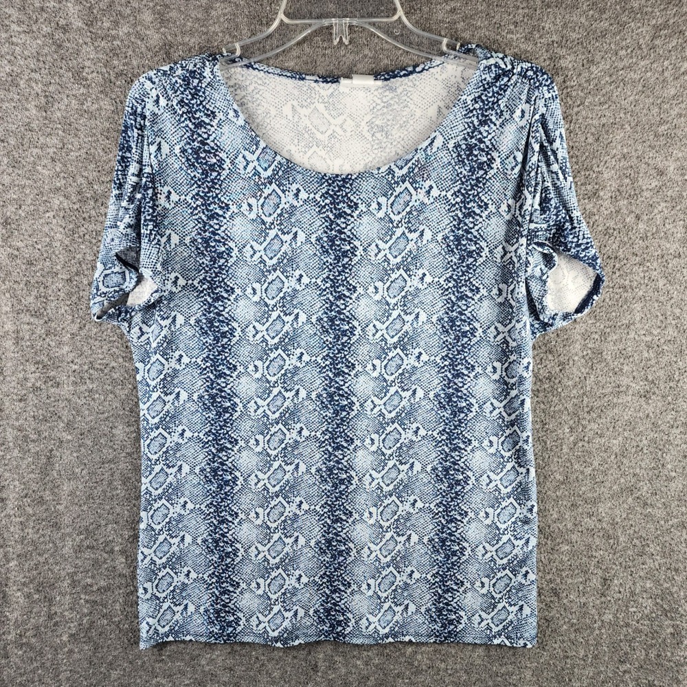 Jaclyn Smith Top Womens Medium Blue Snakeskin Print Short Sleeve EUC